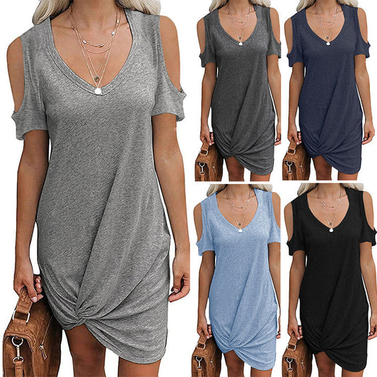Solid-color Springsummer Off-shoulder Twisted T-shirt Dress Womens Clothing